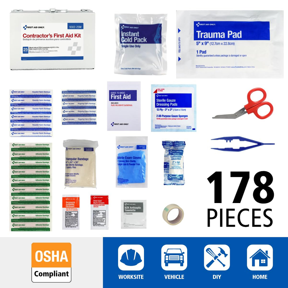 First Aid Only contenido desplegado con vendajes y gasas organizadas