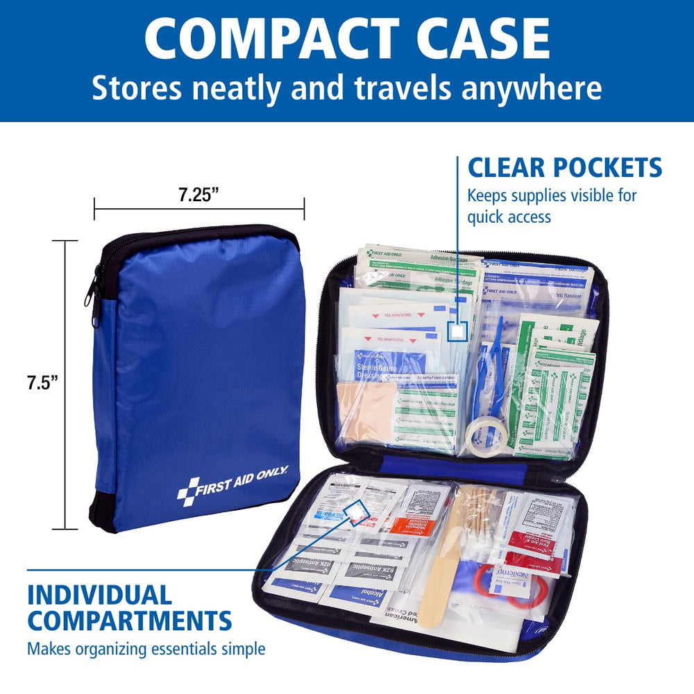 First Aid Only contenido distribuido con vendajes y antisépticos, organización clara