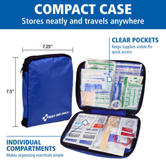 First Aid Only contenido distribuido con vendajes y antisépticos, organización clara