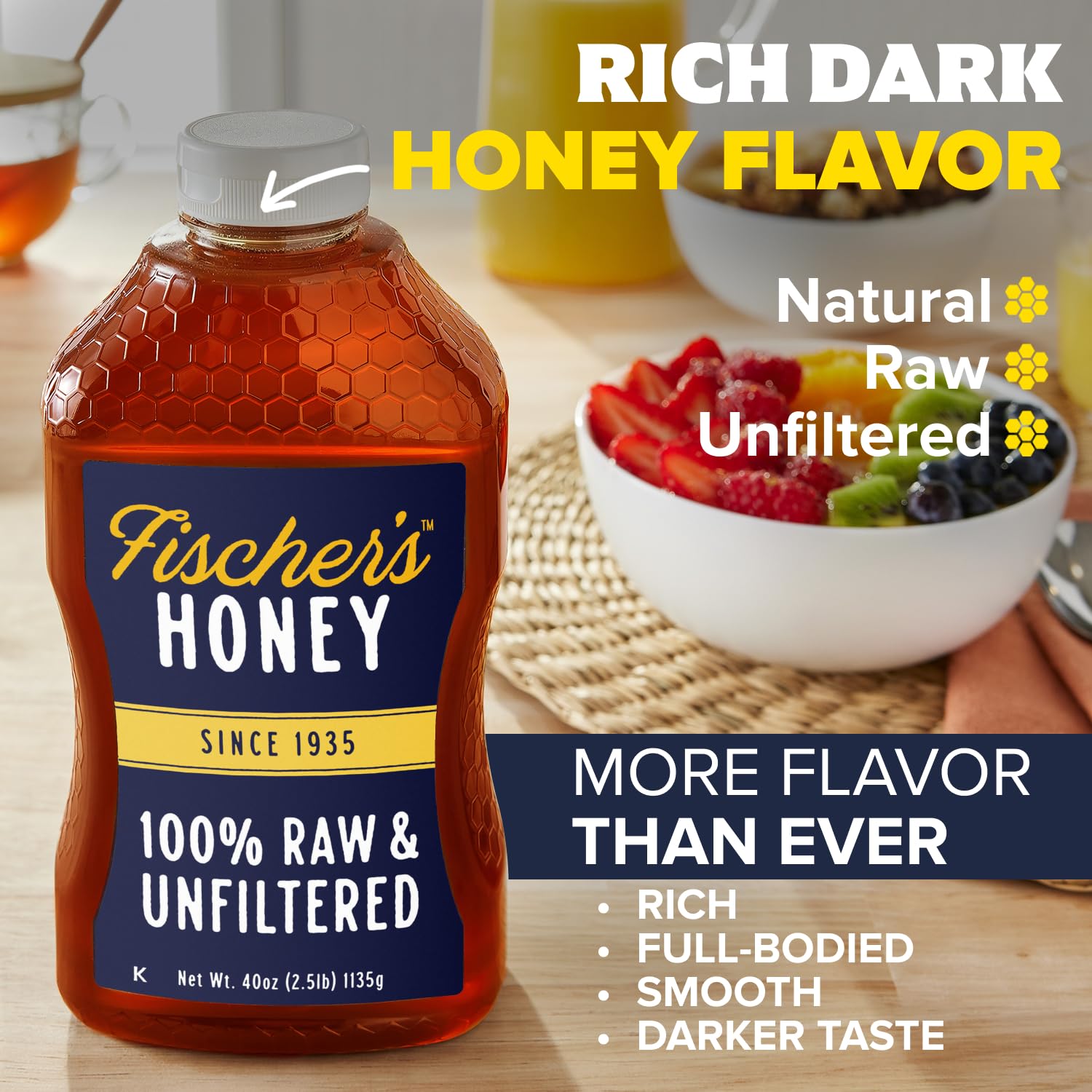 Fischer’s cuchara cubierta de miel junto a frutas y yogurt, muestra versatilidad