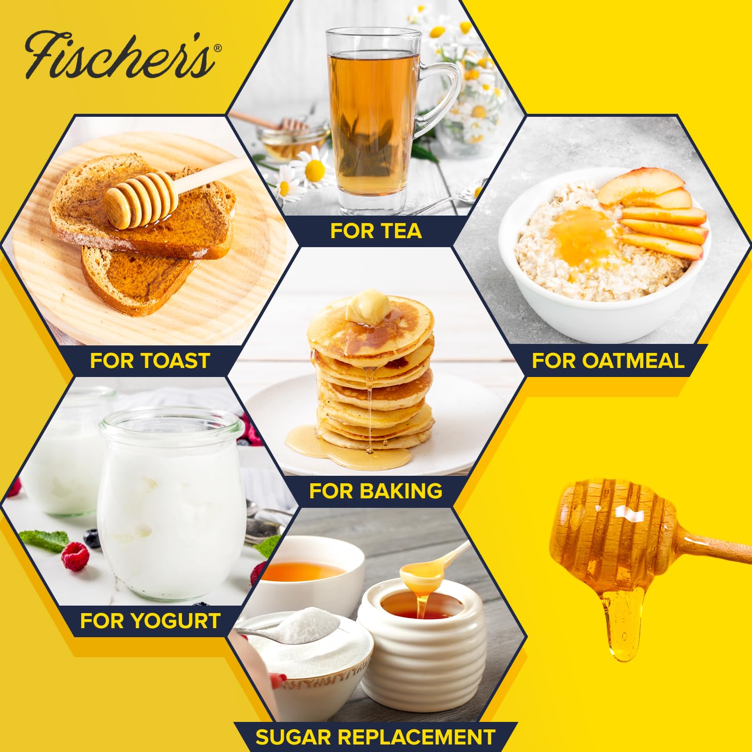 Fischer’s en cocina preparando desayuno con miel, inspira uso diario saludable
