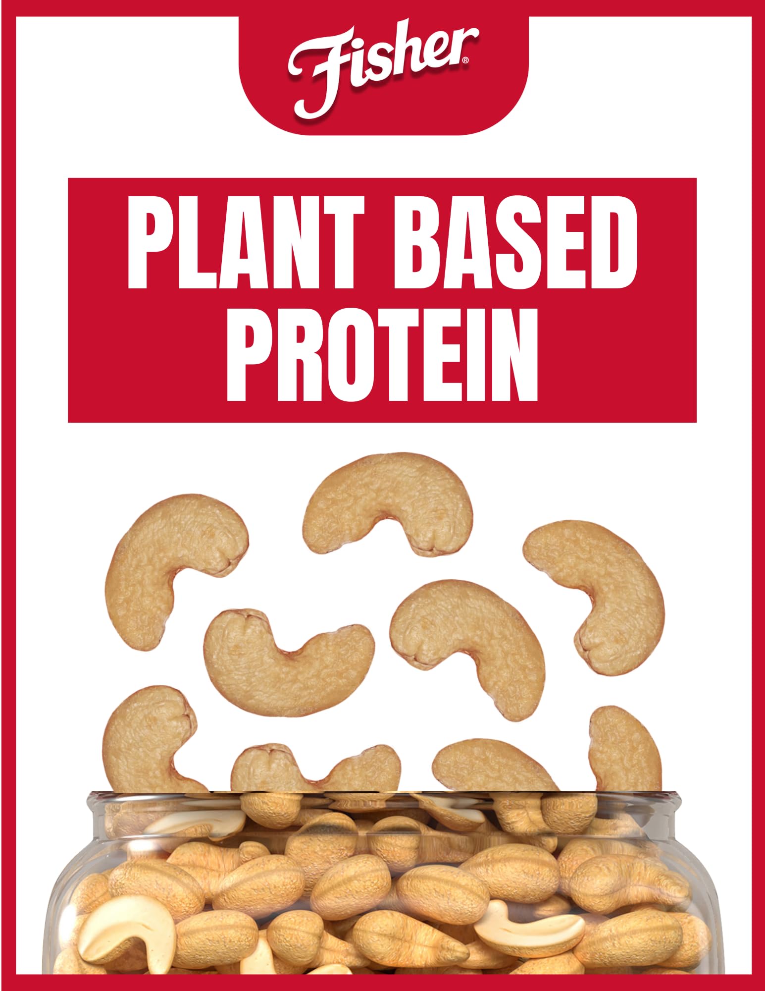 Fisher open canister filled with whole cashews demonstrating ready-to-eat convenience