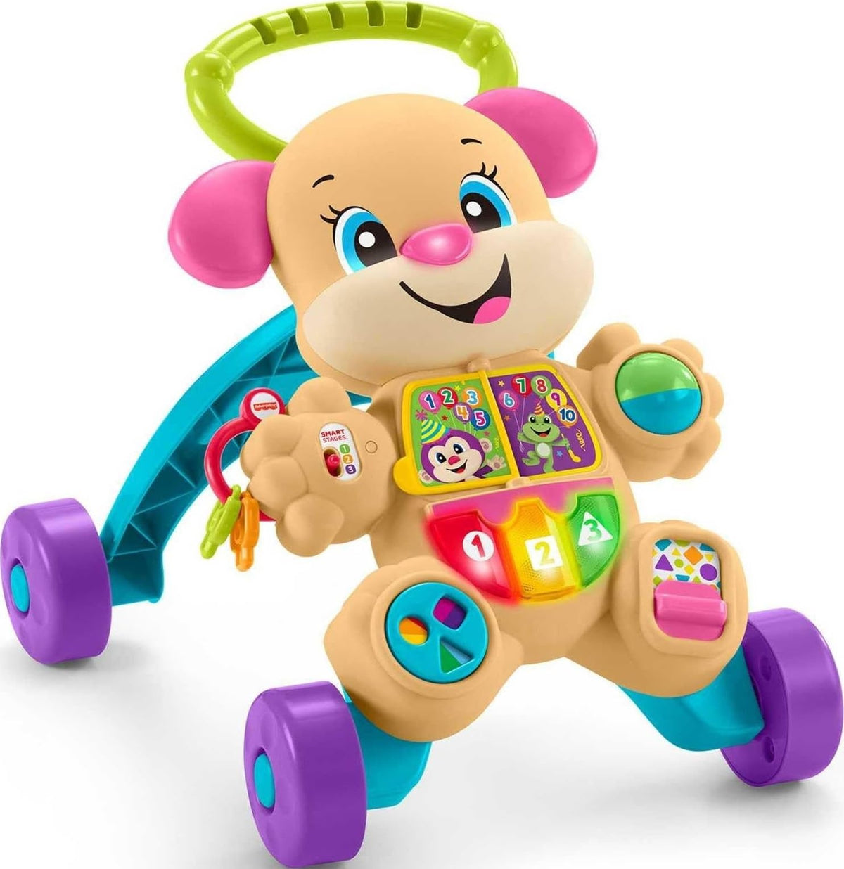 Fisher-Price andador frontal rosa con panel interactivo que fomenta aprendizaje