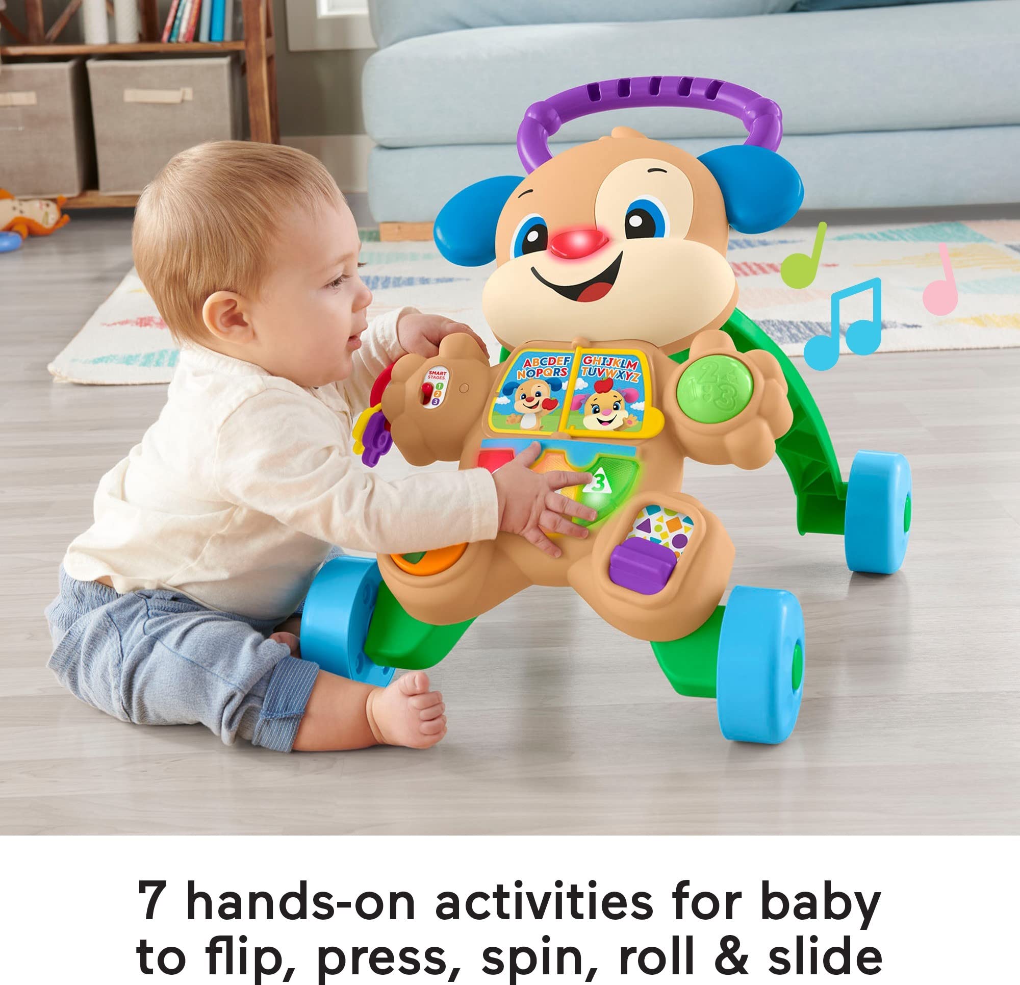 Fisher-Price bebé empujando el andador Puppy mientras aprende a caminar