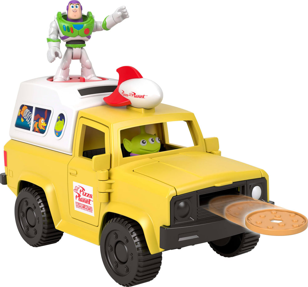 Fisher-Price camión Pizza Planet frontal mostrando decoración y ruedas, ideal para juego activo