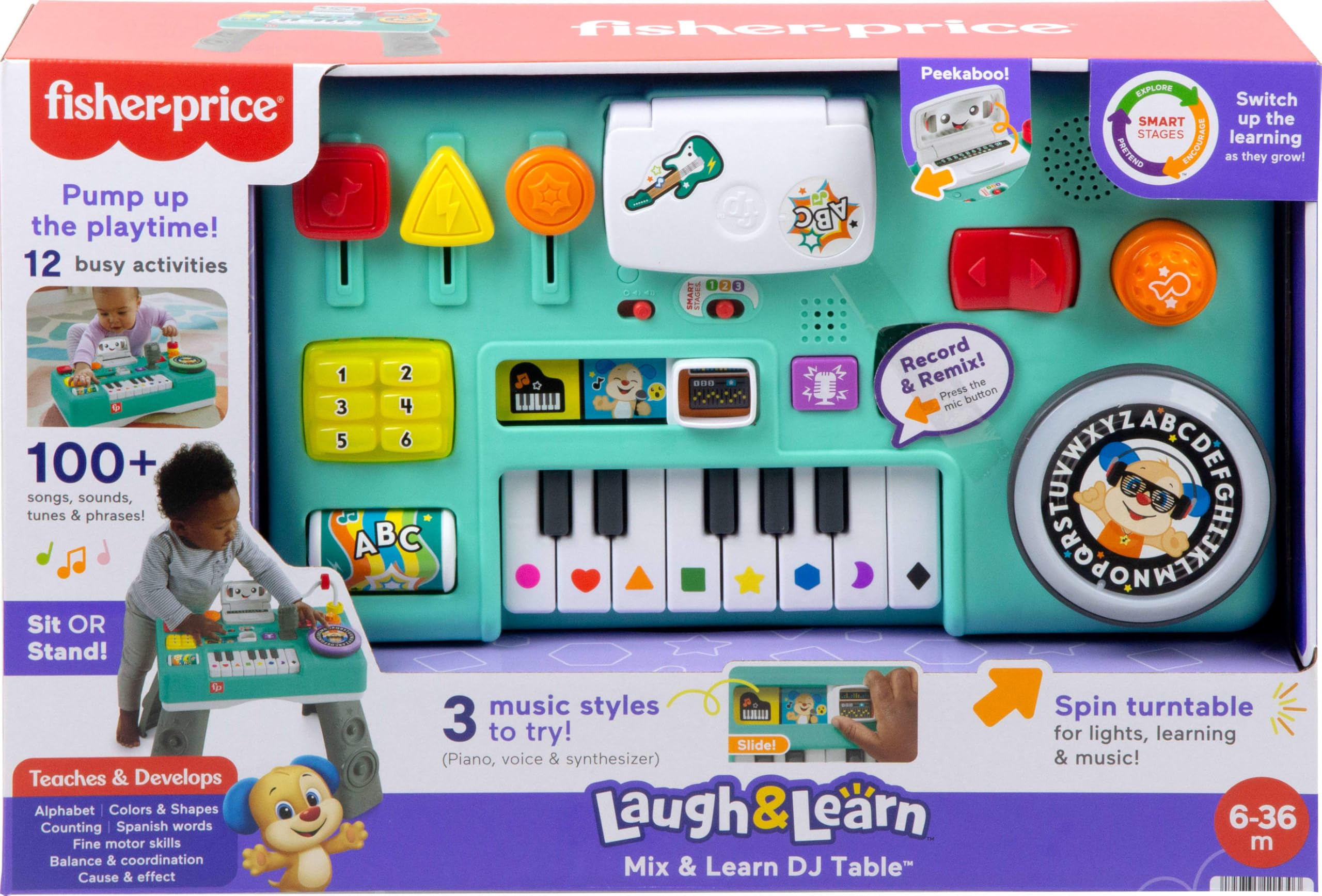 Fisher-Price etiqueta de Smart Stages mostrando los 3 niveles de aprendizaje
