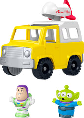 Fisher-Price camión Pizza Planet frontal mostrando diseño y ruedas, ideal para juego activo