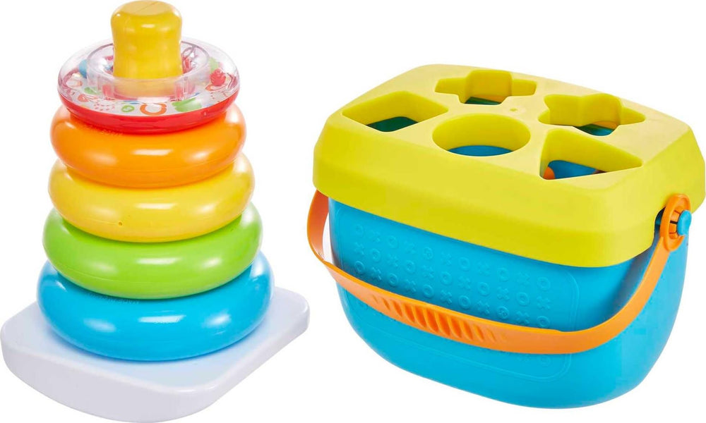 Fisher-Price set frontal mostrando apilador y cubo, ideal para aprendizaje temprano