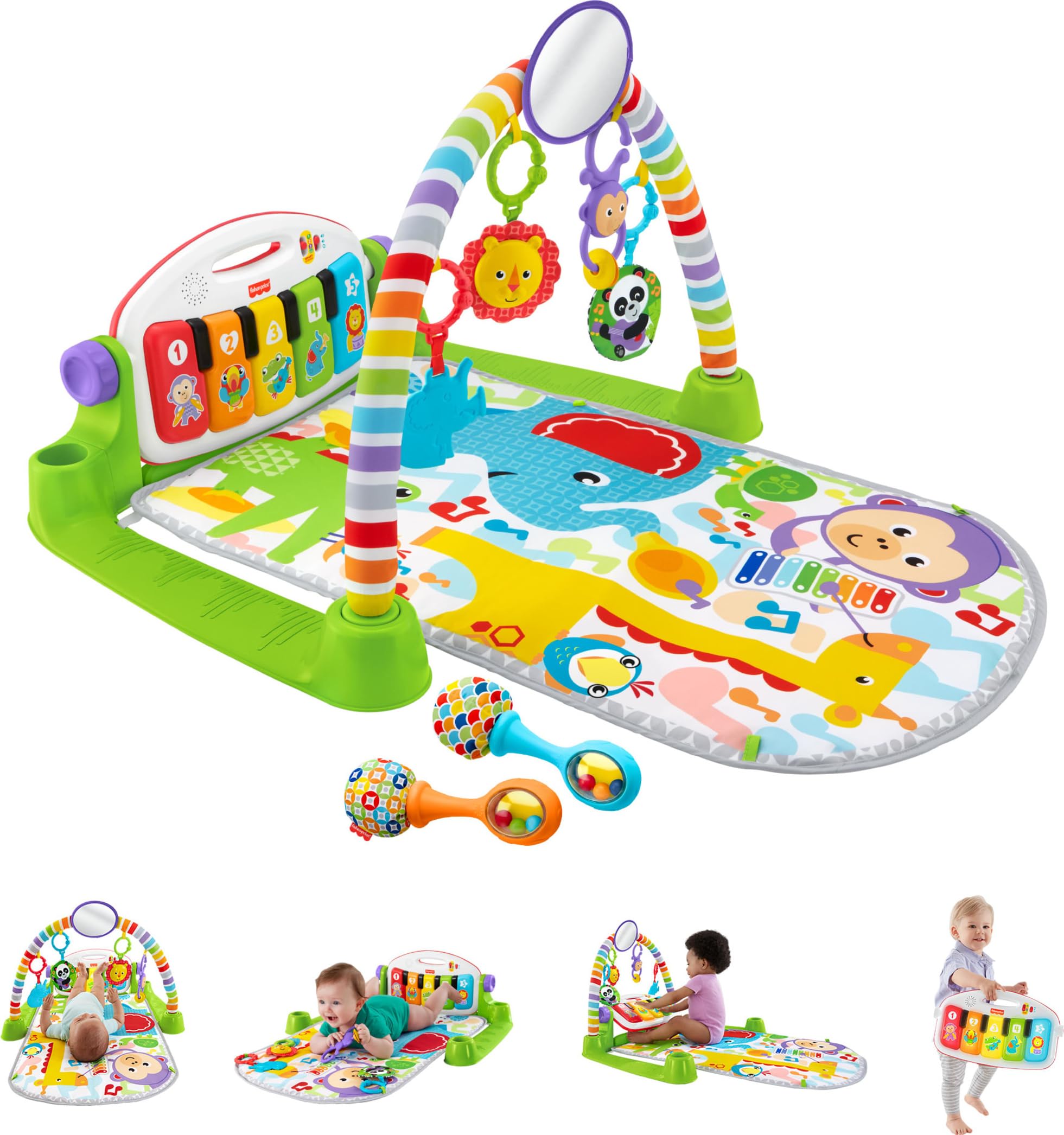 Fisher-Price gimnasio deluxe frontal mostrando arco y teclado, estimula el juego