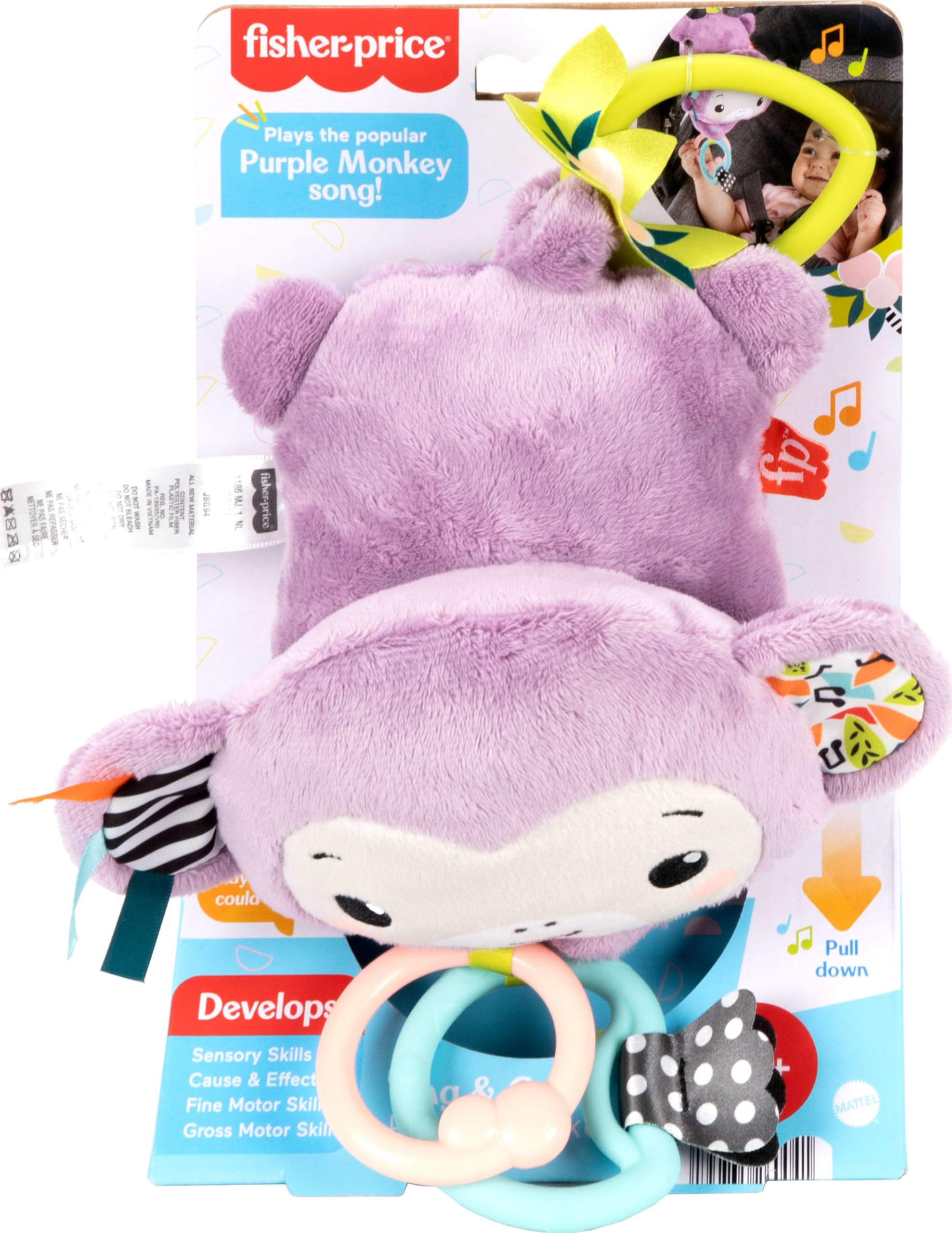 Fisher-Price etiqueta interior abierta mostrando compartimento de pilas AAA y acceso