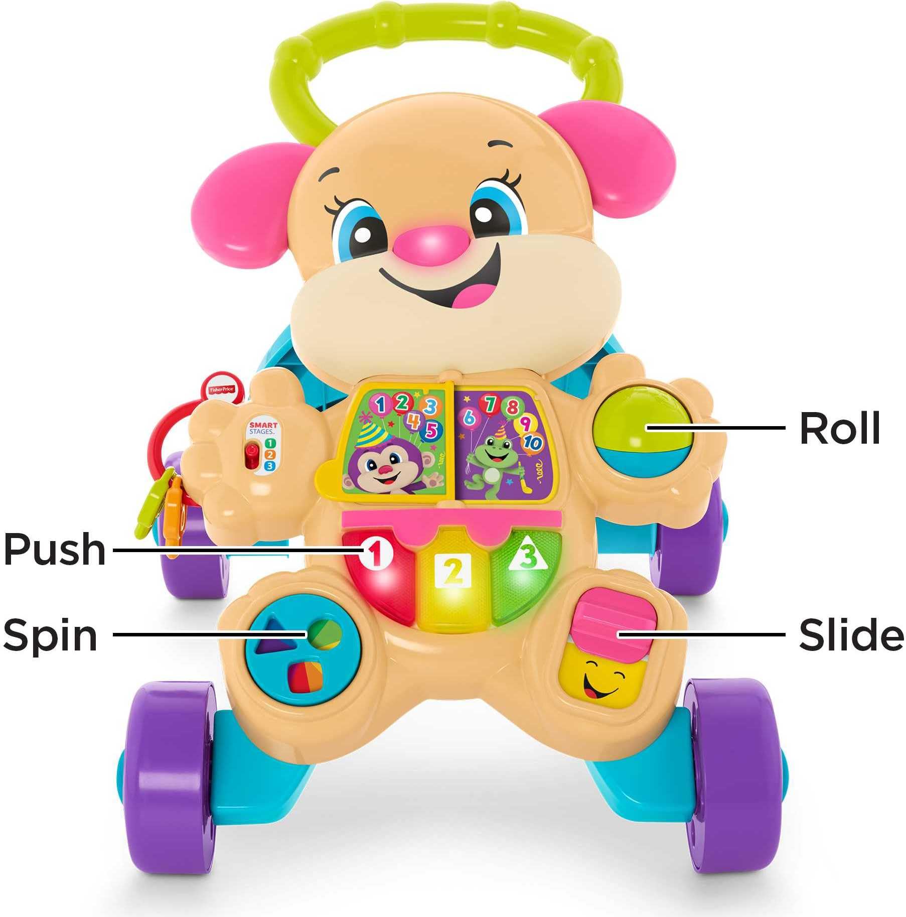 Niño empujando el Fisher-Price andador, promoviendo equilibrio y pasos iniciales
