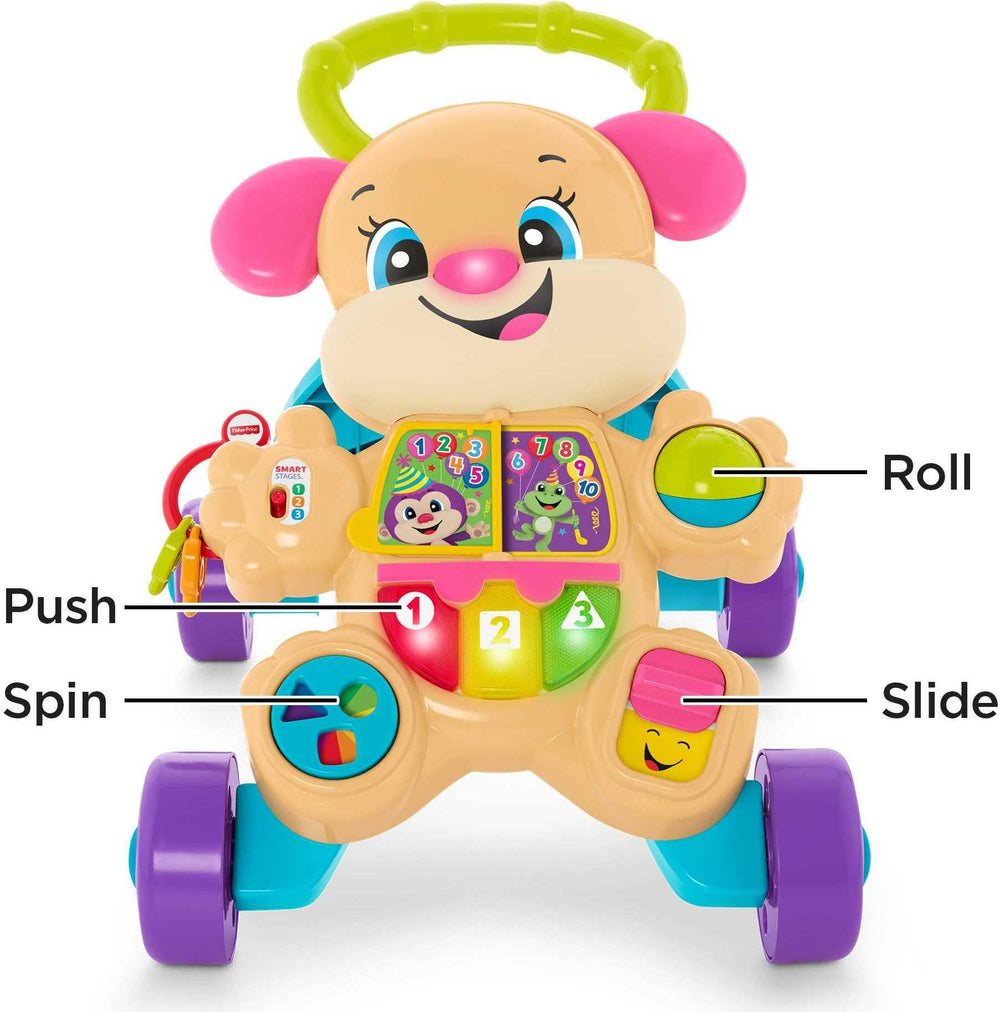 Niño empujando el Fisher-Price andador, promoviendo equilibrio y pasos iniciales
