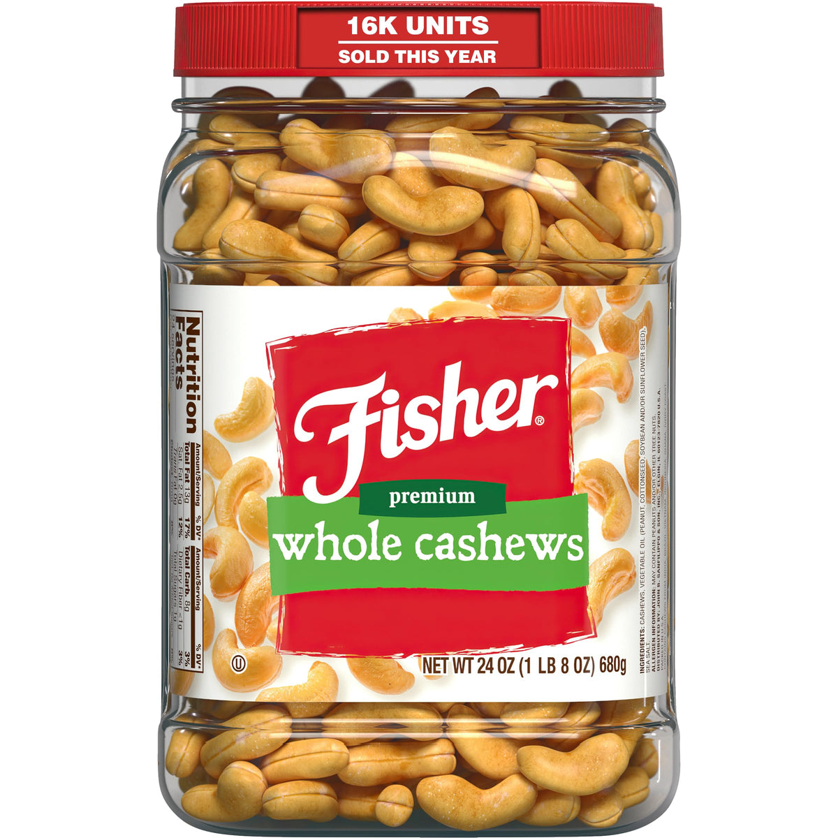 CHEF'S NATURALS Fisher front canister showing whole cashews and freshness benefit