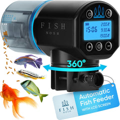 FISHNOSH frente del alimentador azul mostrando diseño compacto y control fácil