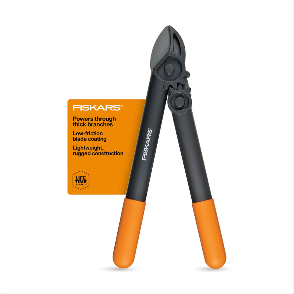 Fiskars front view of 15-inch PowerGear loppers showing compact profile and cutting head benefits