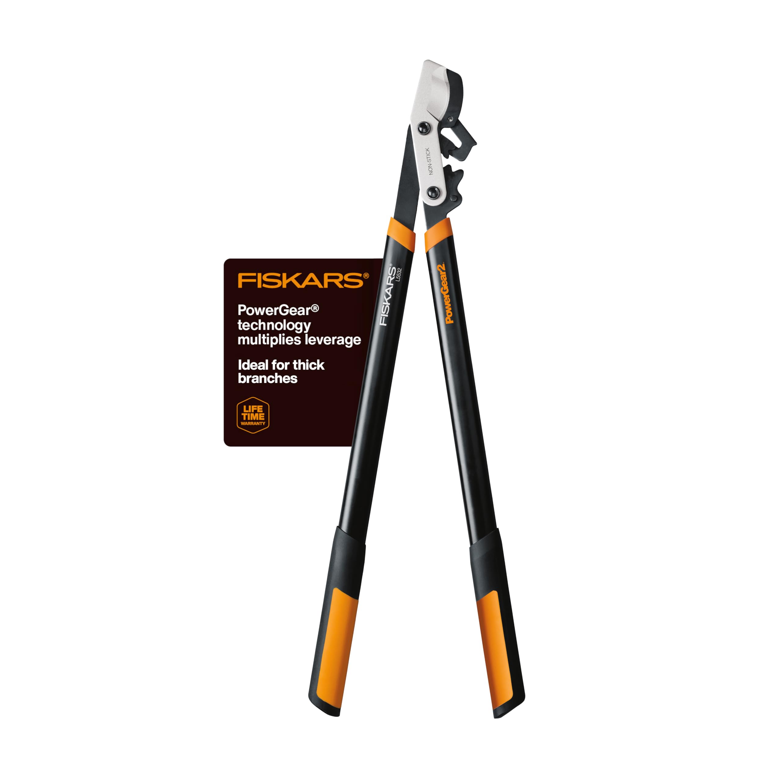 Fiskars PowerGear2 vista frontal mostrando palas y longitud para mayor alcance