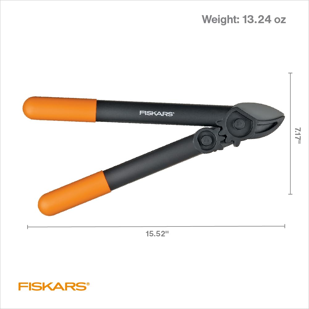 Fiskars loppers held in hand to show 15-inch scale and comfortable control benefit