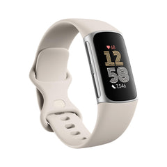 Fitbit Charge 6 frontal Porcelain/Silver mostrando pantalla clara y elegante, fácil lectura