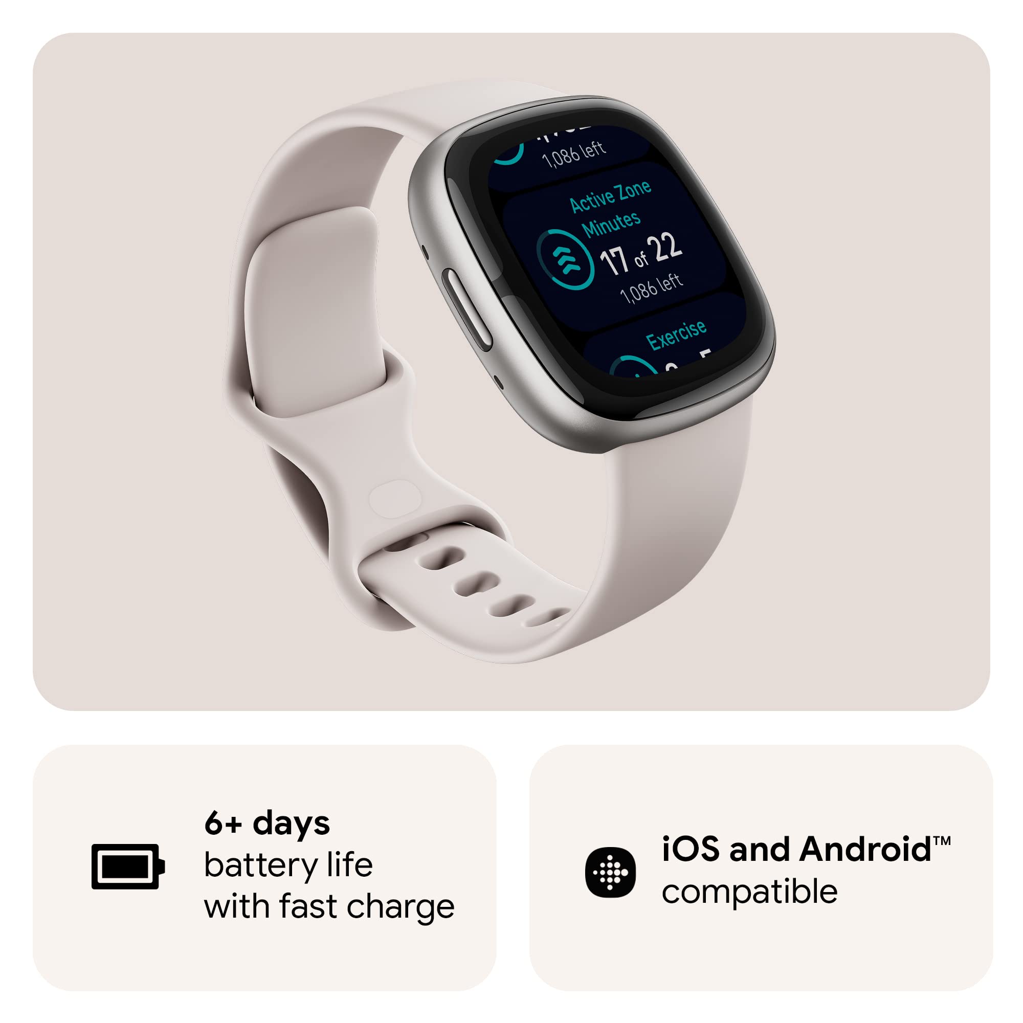 Fitbit Sense 2 conectado a cargador mostrando carga rápida eficiente