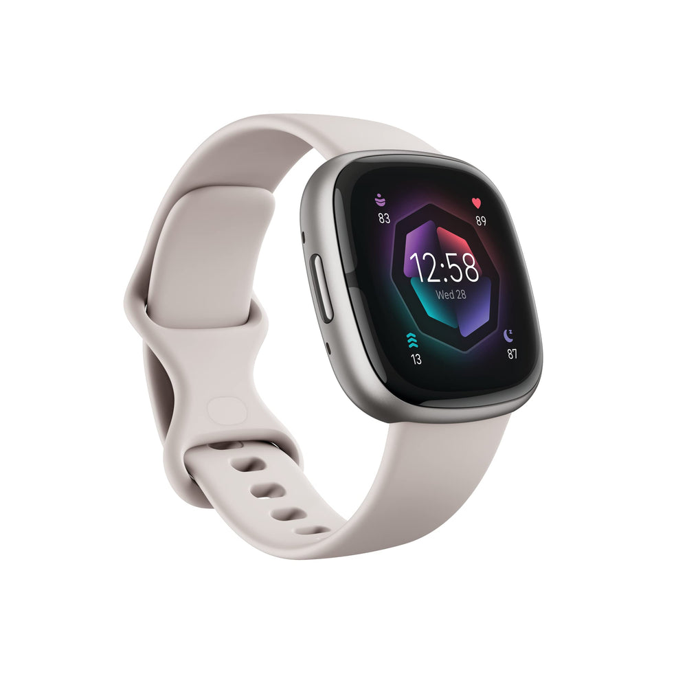 Fitbit Sense 2 vista frontal Lunar White con pantalla clara y legible