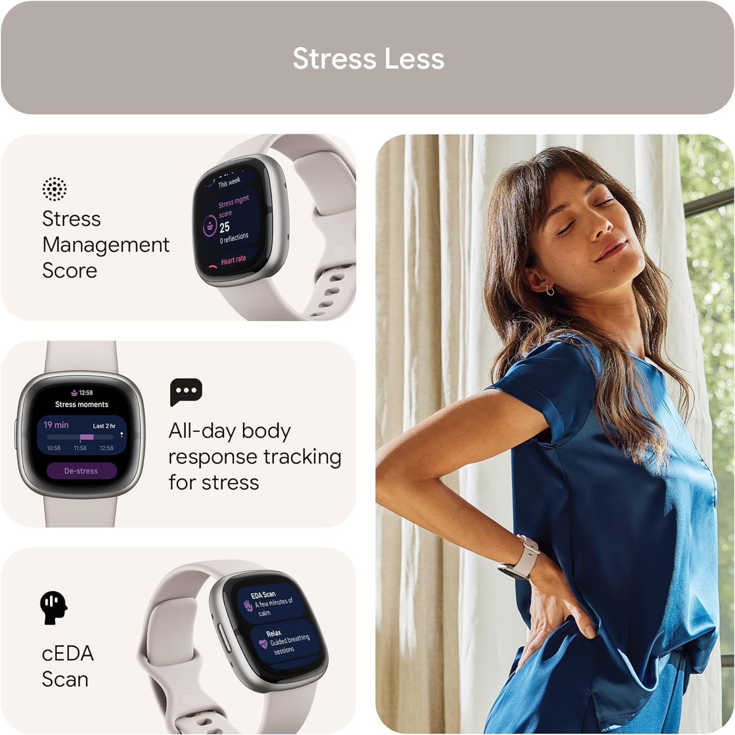 Fitbit Sense 2 detalle lateral platino mostrando construcción y ajuste
