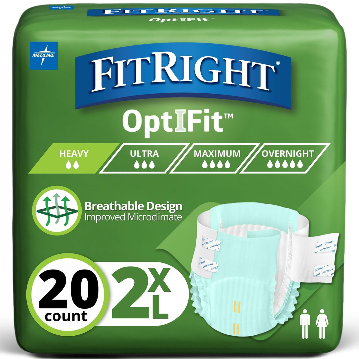 FitRight paquete frontal mostrando 2XL y beneficios de absorción moderada