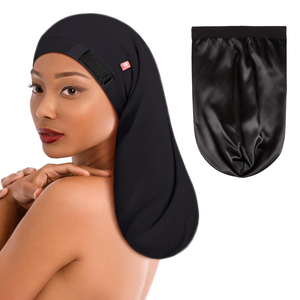 Fittia gorro satinado largo vista frontal, protección para trenzas y dreadlocks