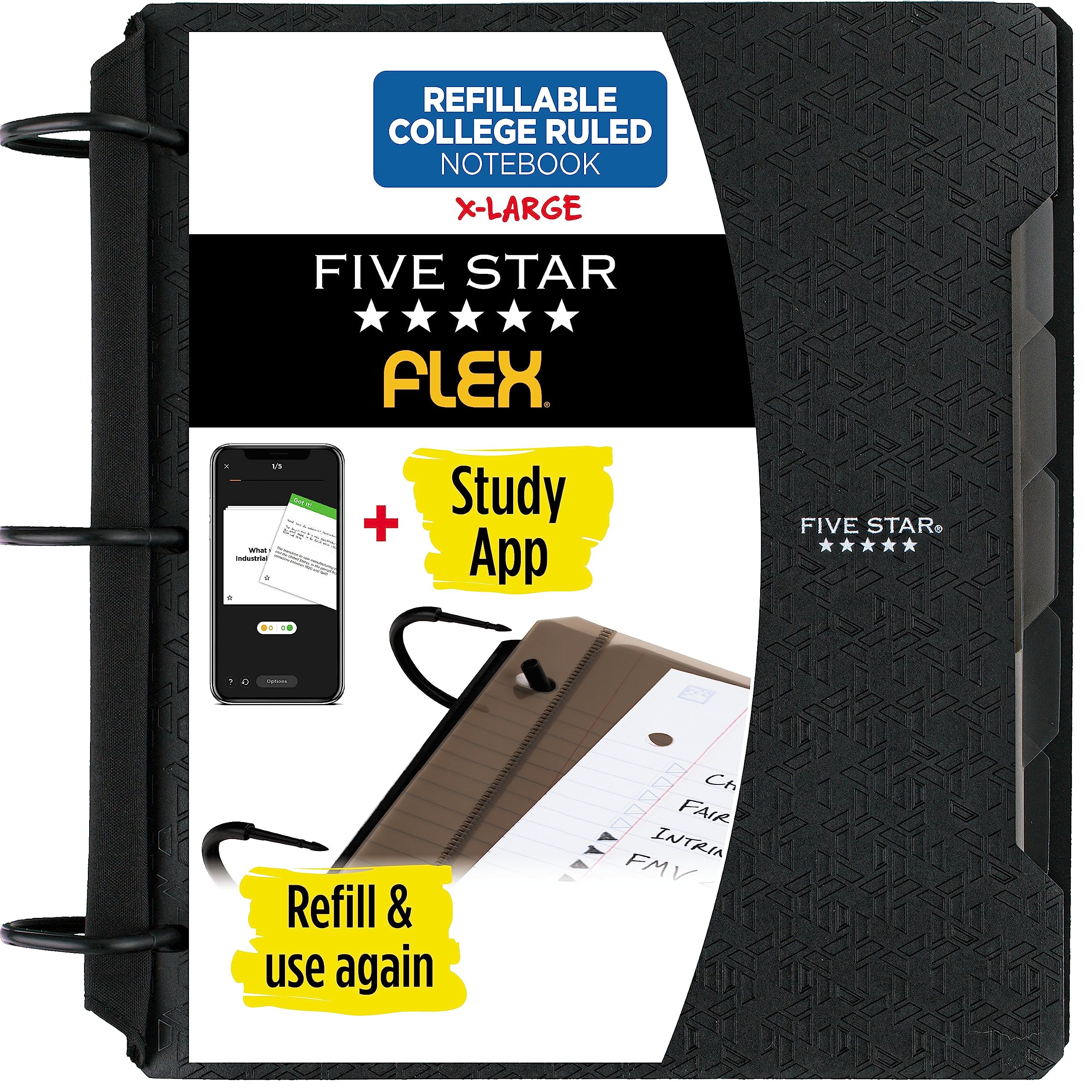 Five Star funda frontal negra mostrando durabilidad y protección para apuntes