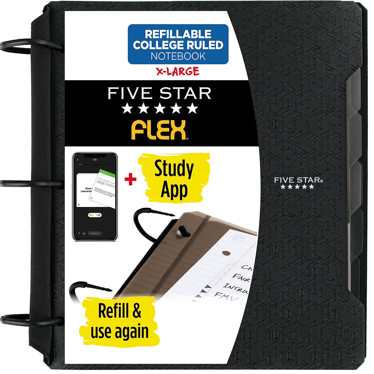 Five Star funda frontal negra mostrando durabilidad y protección para apuntes