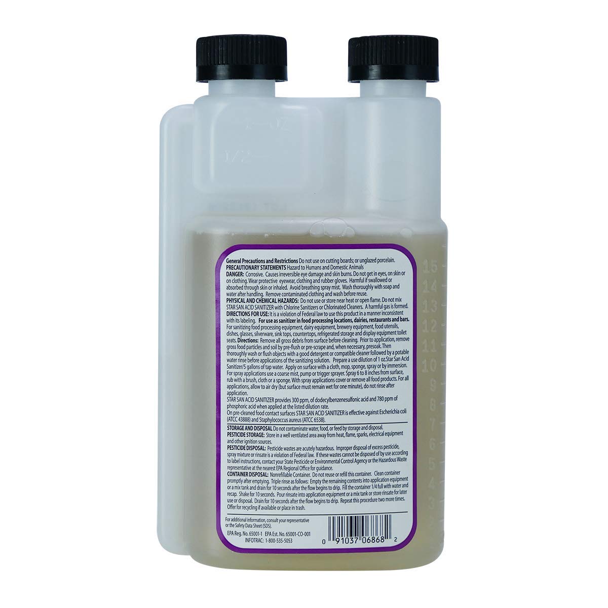 Five Star Star San dual-neck dosing bottle demonstrating easy and accurate measuring convenience