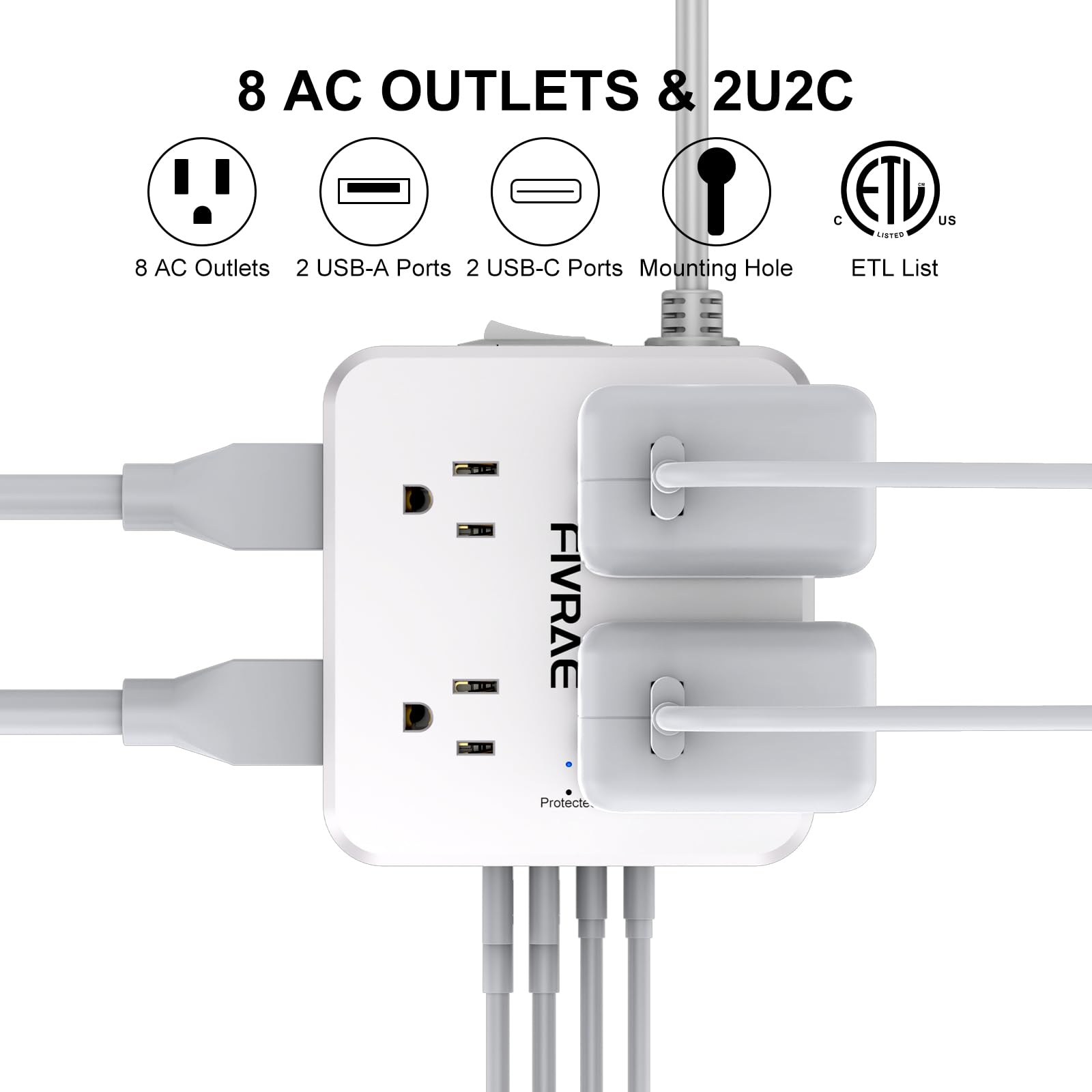 FIVRAE detalle de puertos USB-A y USB-C, carga inteligente y rápida
