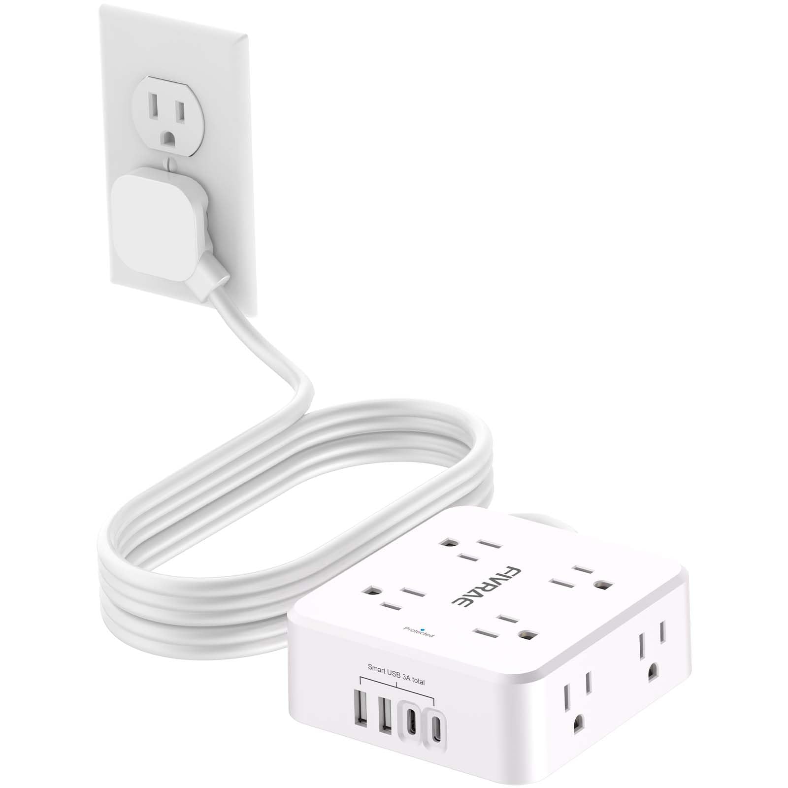 FIVRAE vista frontal con 8 enchufes y 4 puertos USB, organiza conexiones