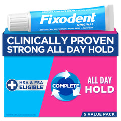 Fixodent frente del tubo mostrando marca y presentación, mayor confianza