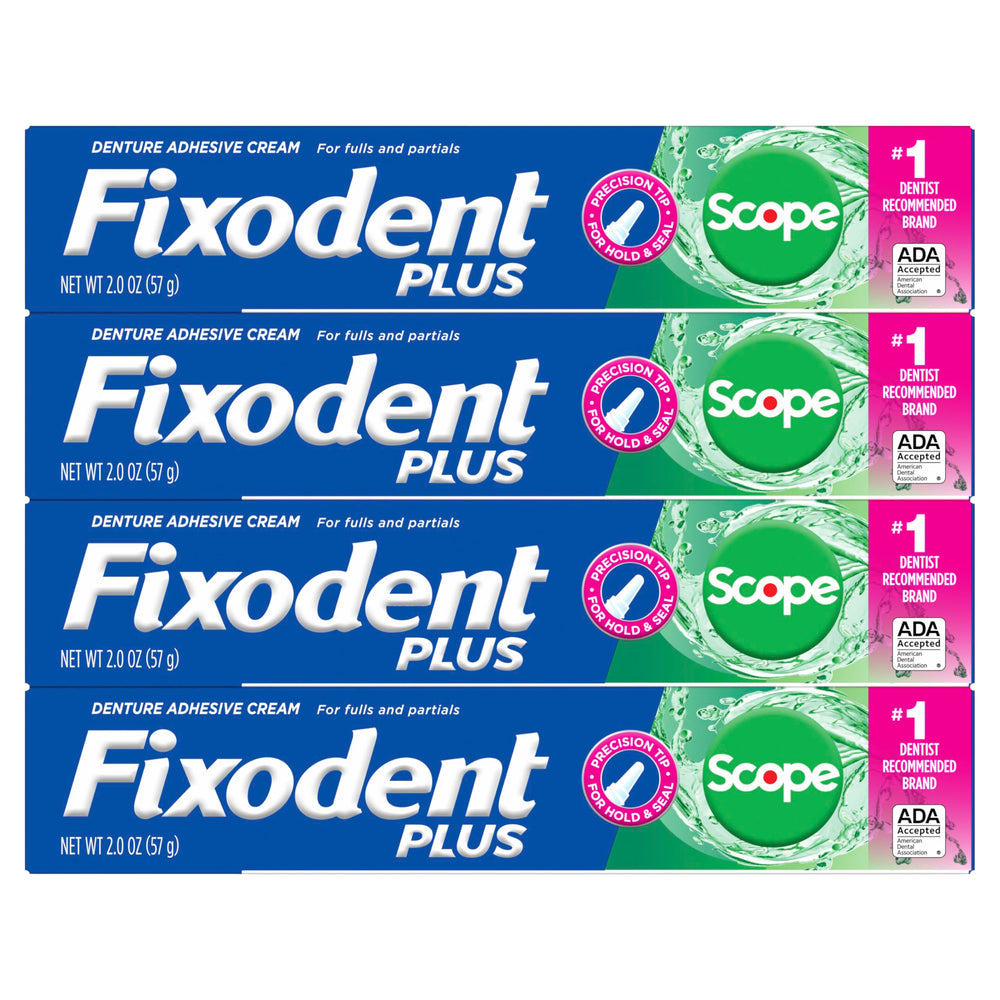 Caja reciclable de Fixodent Plus Scope enfatizando embalaje responsable