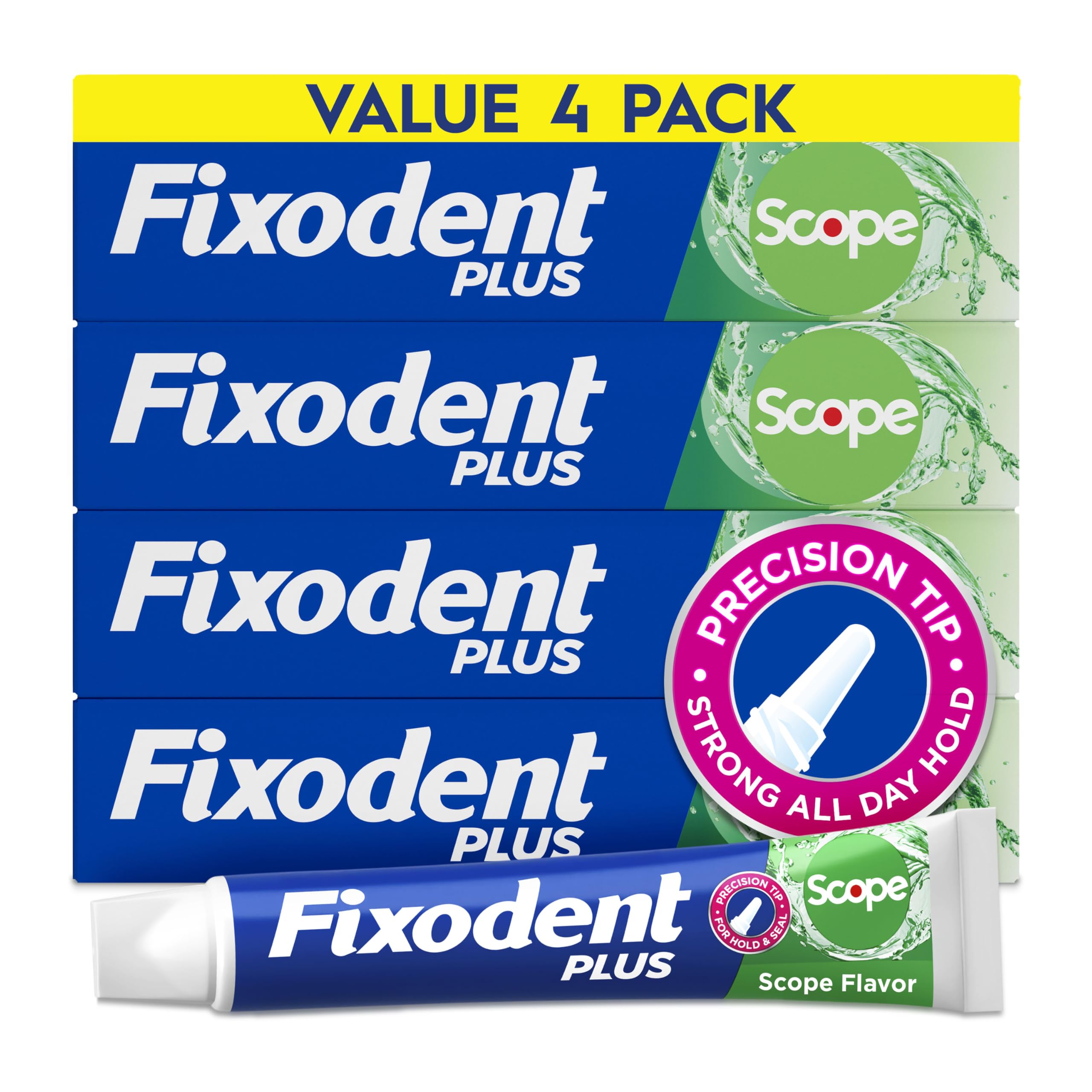 Fixodent paquete frontal mostrando cuatro tubos y beneficios de sujeción
