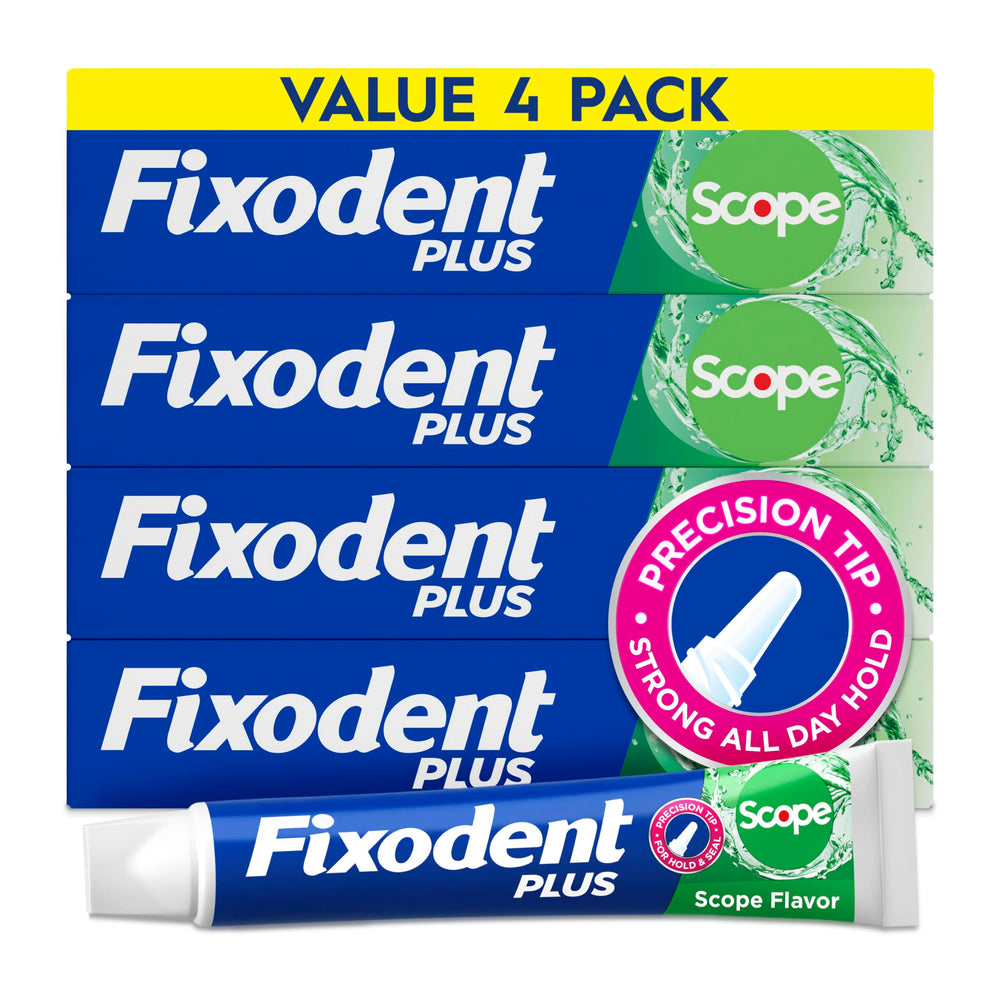 Fixodent paquete frontal mostrando cuatro tubos y beneficios de sujeción