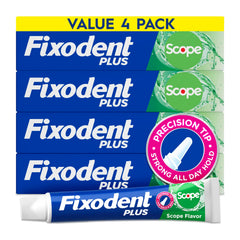 Fixodent paquete frontal mostrando cuatro tubos y beneficios de sujeción