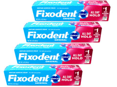 Fixodent presentación frontal mostrando tubos y beneficios de sujeción