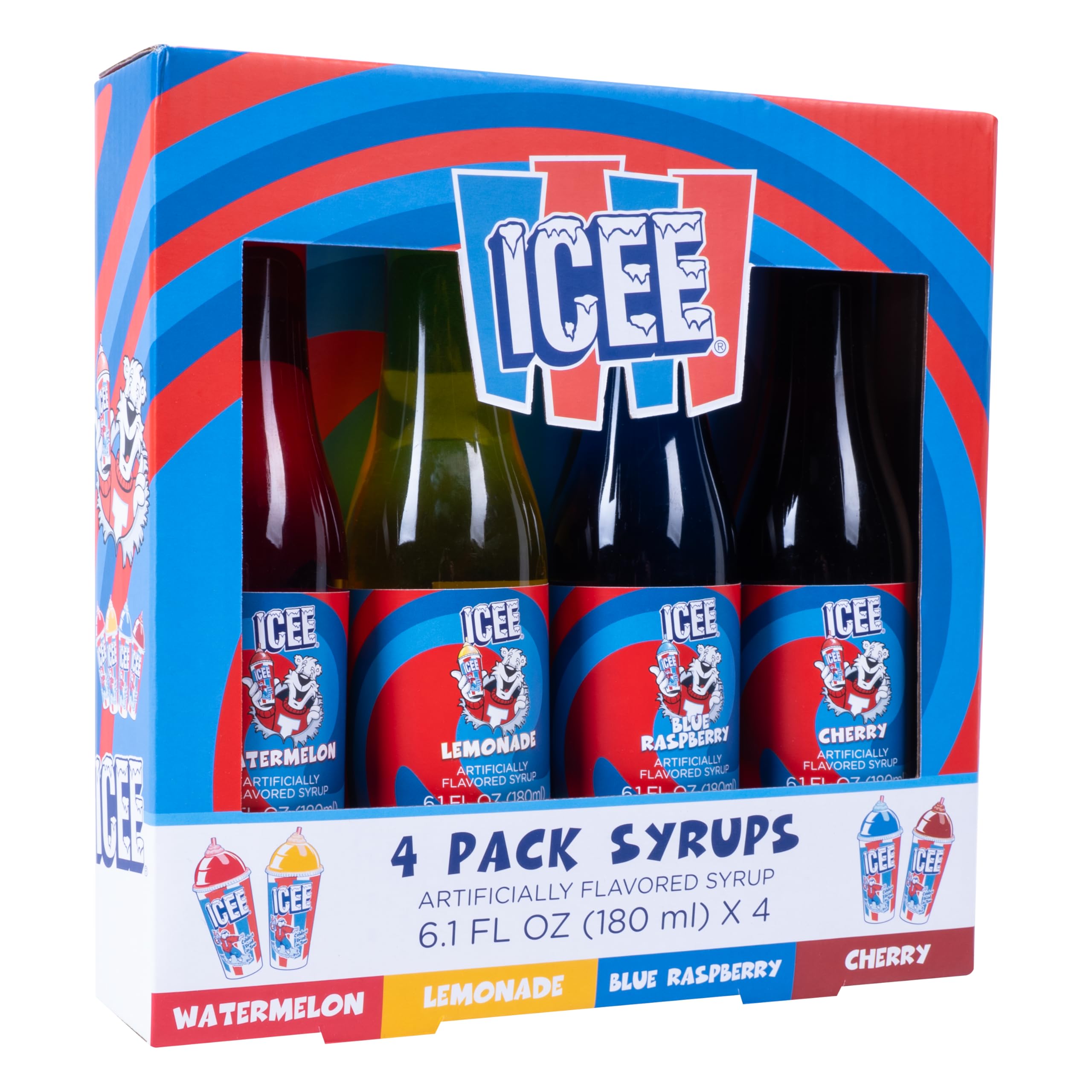 Fizz Creations ICEE pack abierto con las cuatro botellas, variedad lista para usar