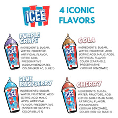 Fizz Creations cuatro sabores ICEE alineados: Cherry, Blue Raspberry, Grape, Cola