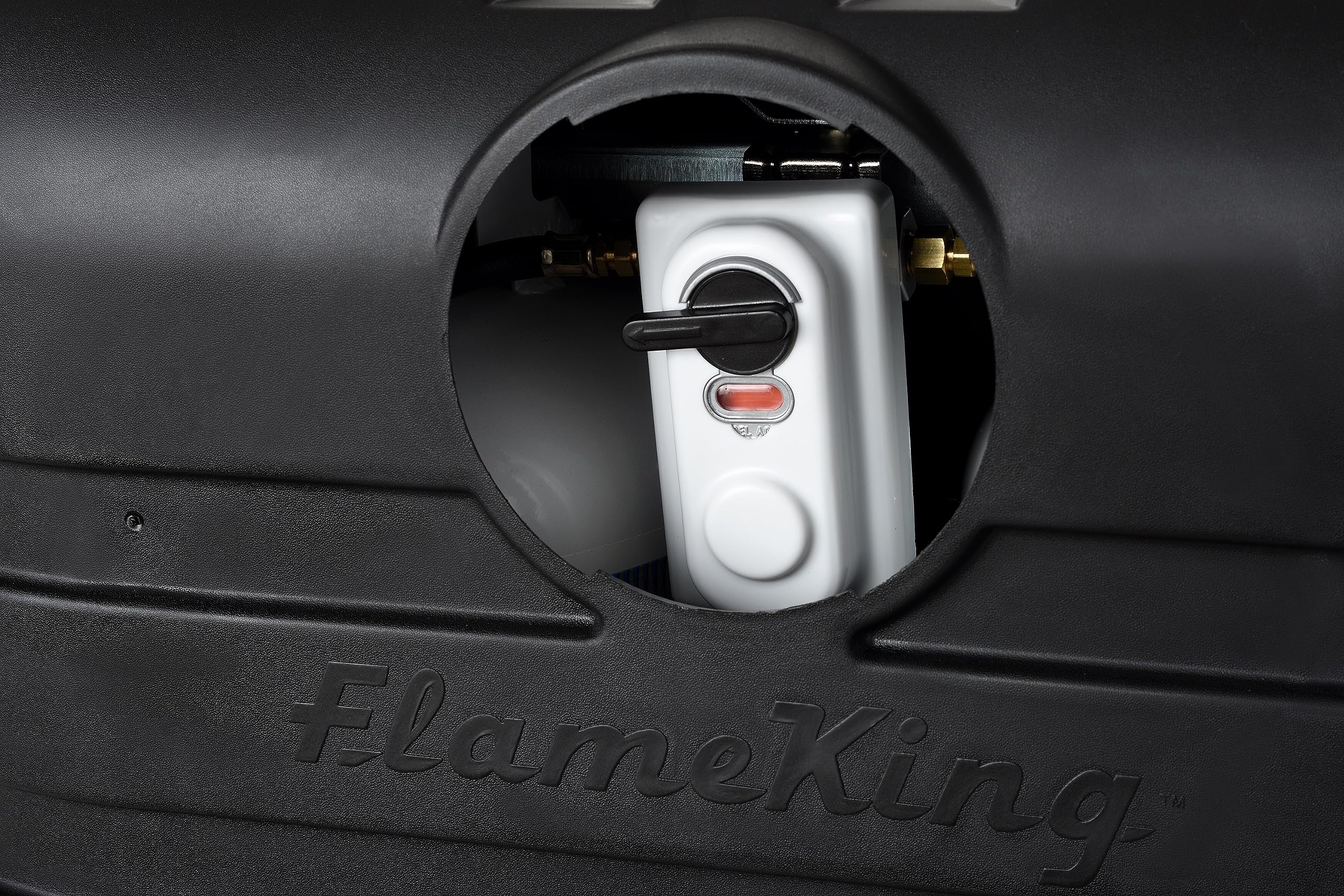 Flame King interior mostrando espacio para dos tanques de 20 lb, ajuste seguro