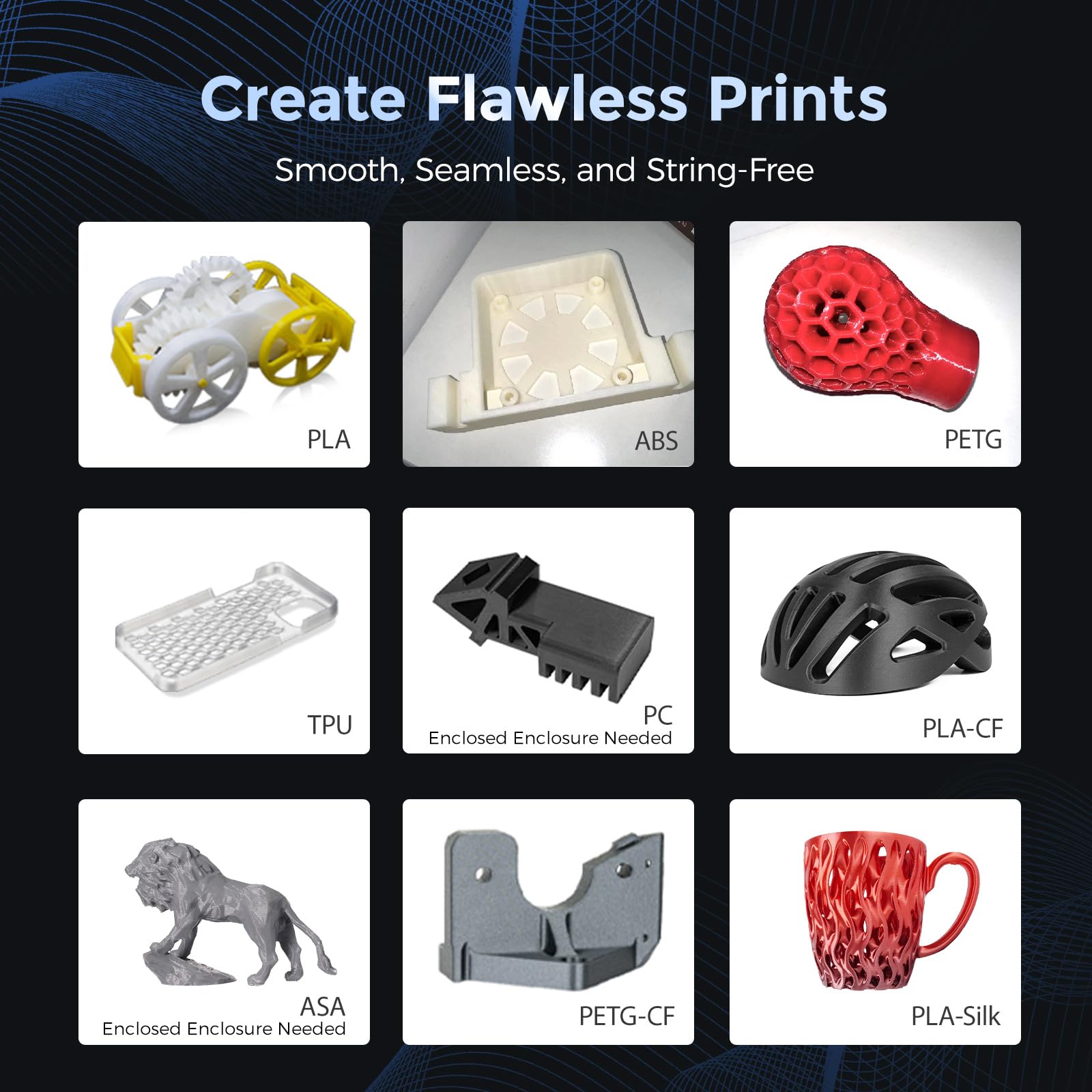 FLASHFORGE pieza impresa a alta velocidad demostrando calidad y acabado fino