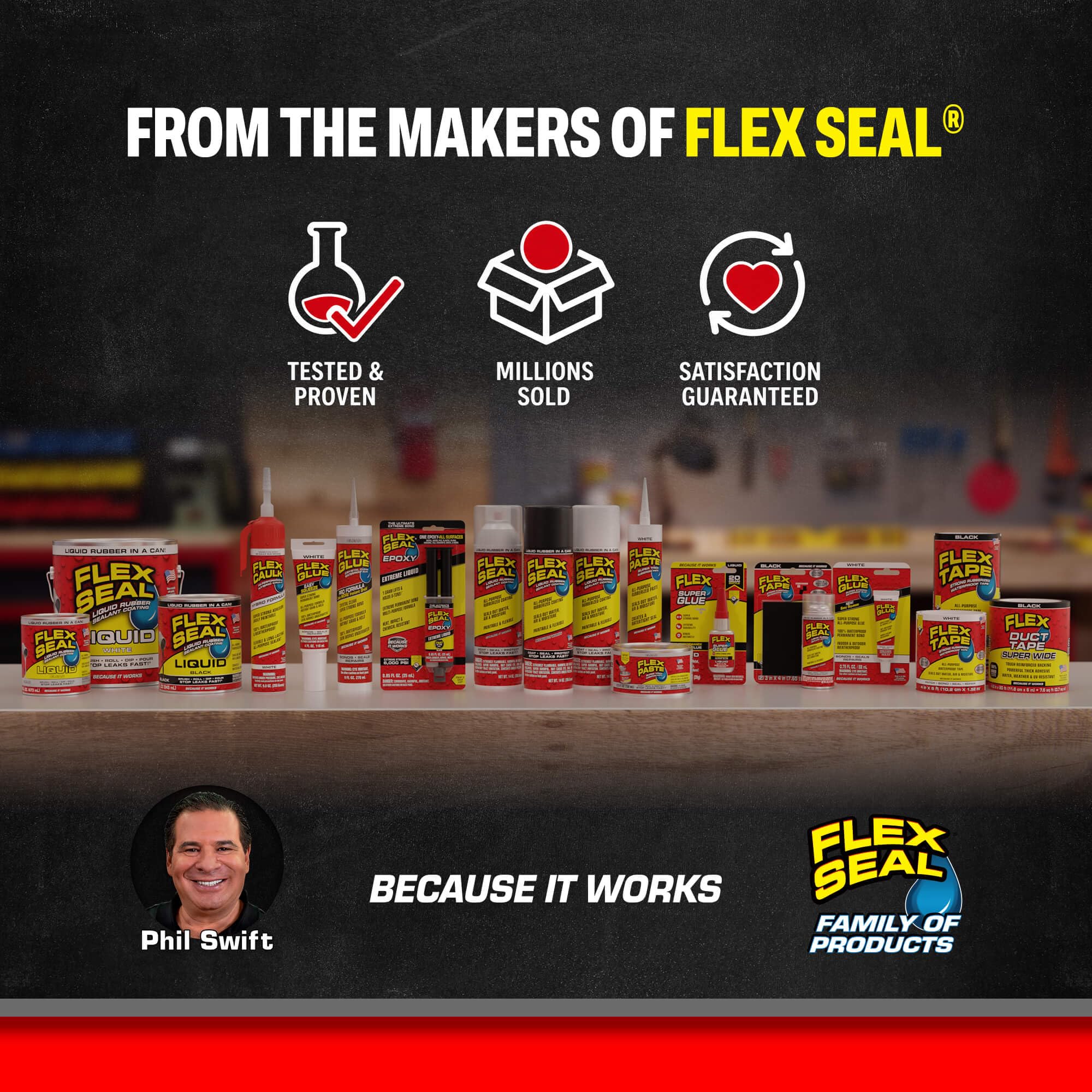 Flex Seal etiqueta con características y beneficios visibles