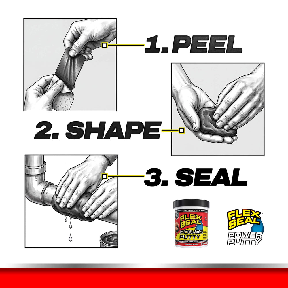 Flex Seal Power Putty en superficie plástica reparada ofreciendo sellado impermeable