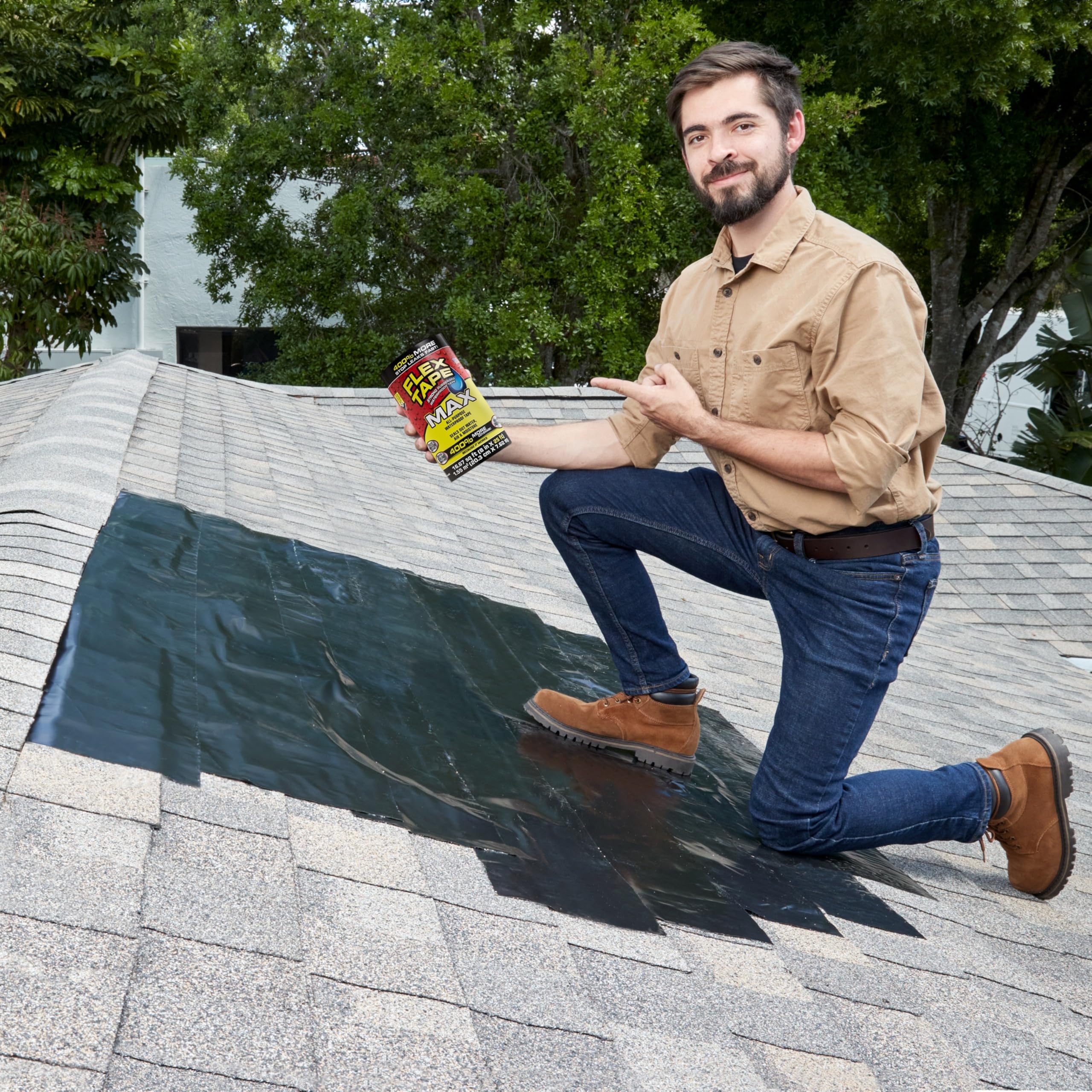 Flex Tape etiqueta con instrucciones y características visibles