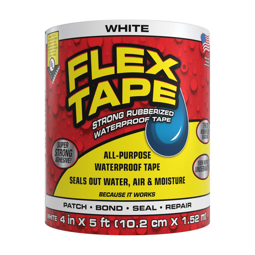 Flex Tape frente del rollo blanco mostrando tamaño y diseño, sellado inmediato
