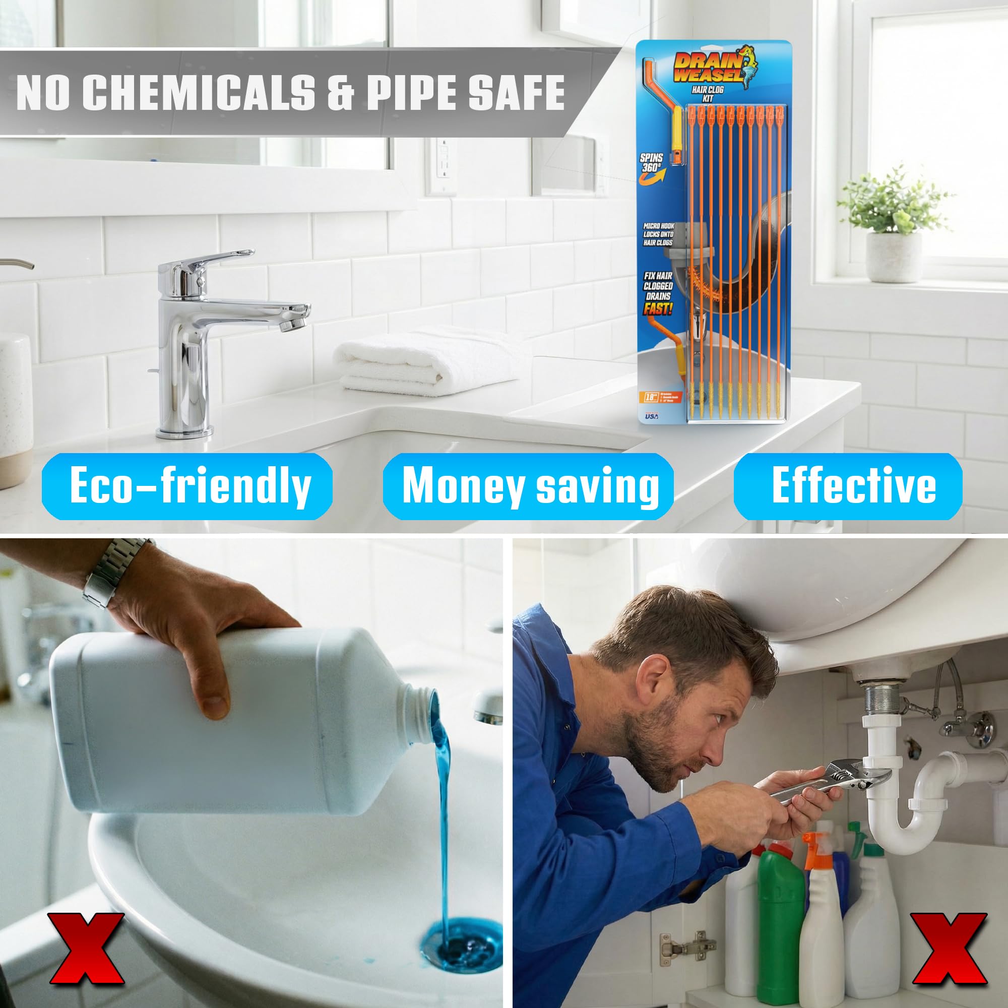 Escena de baño con FlexiSnake listo para usar, mantenimiento sencillo