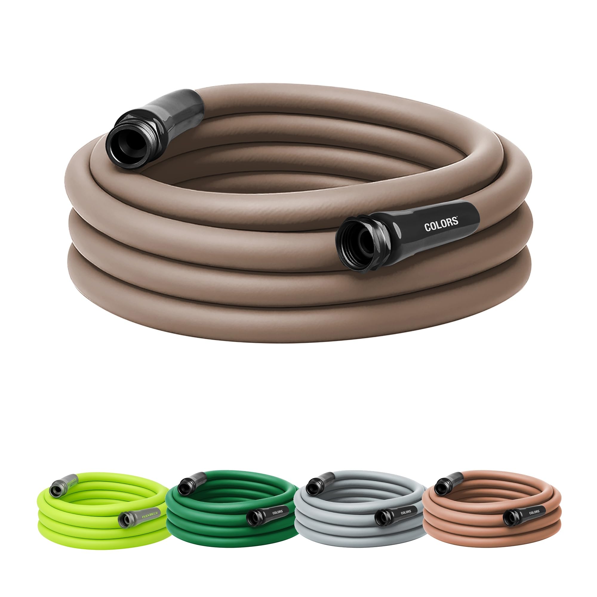 Flexzilla manguera frontal empaque mostrando color Brown Mulch y resistencia