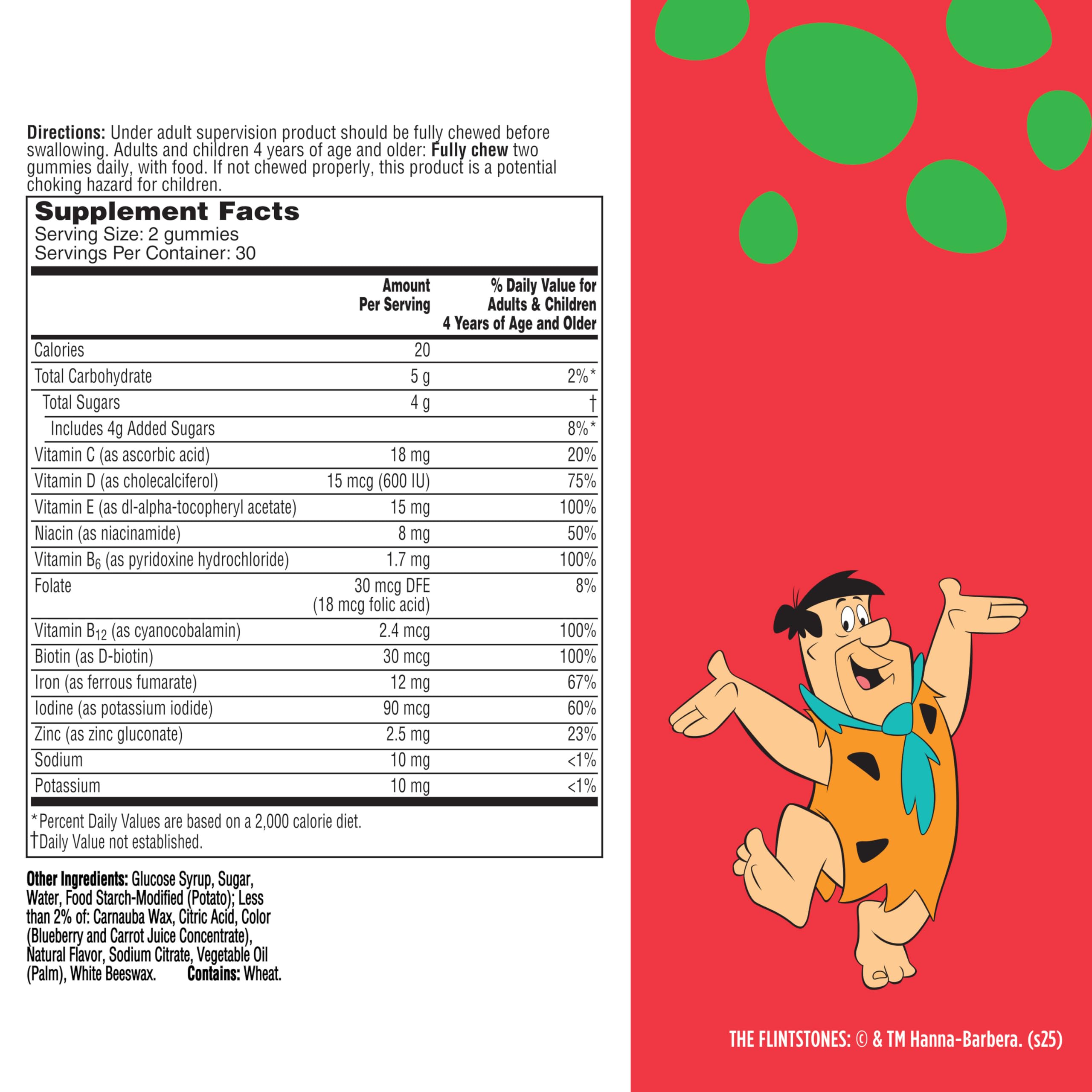 Etiqueta nutricional de Flintstones en detalle mostrando cantidades de vitaminas y hierro
