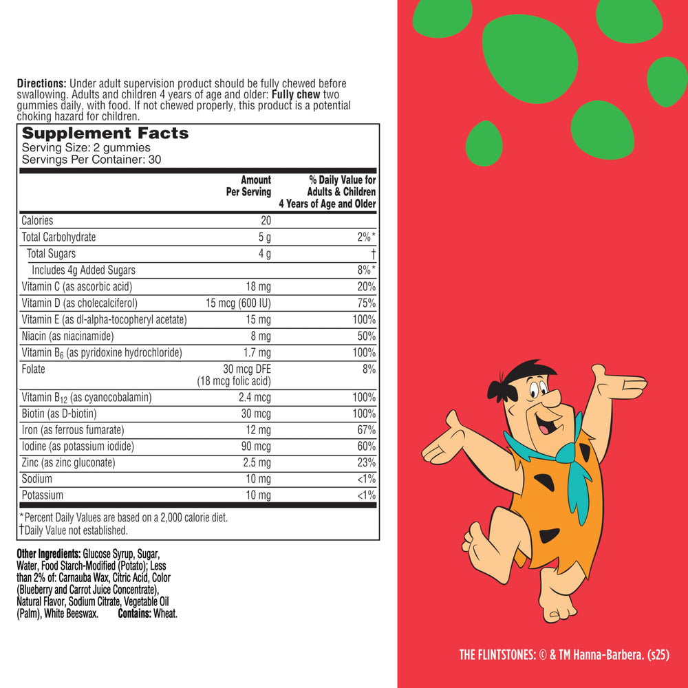 Etiqueta nutricional de Flintstones en detalle mostrando cantidades de vitaminas y hierro